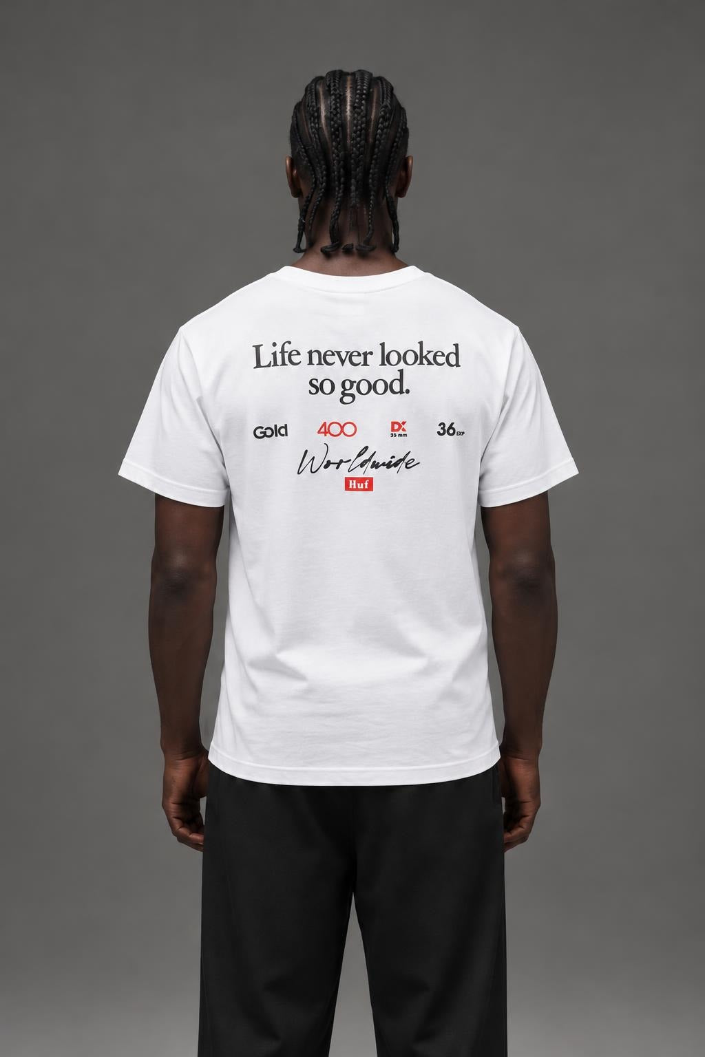 AI model photo - HUF Kodak Rear View T-Shirt White TS02466 WHT