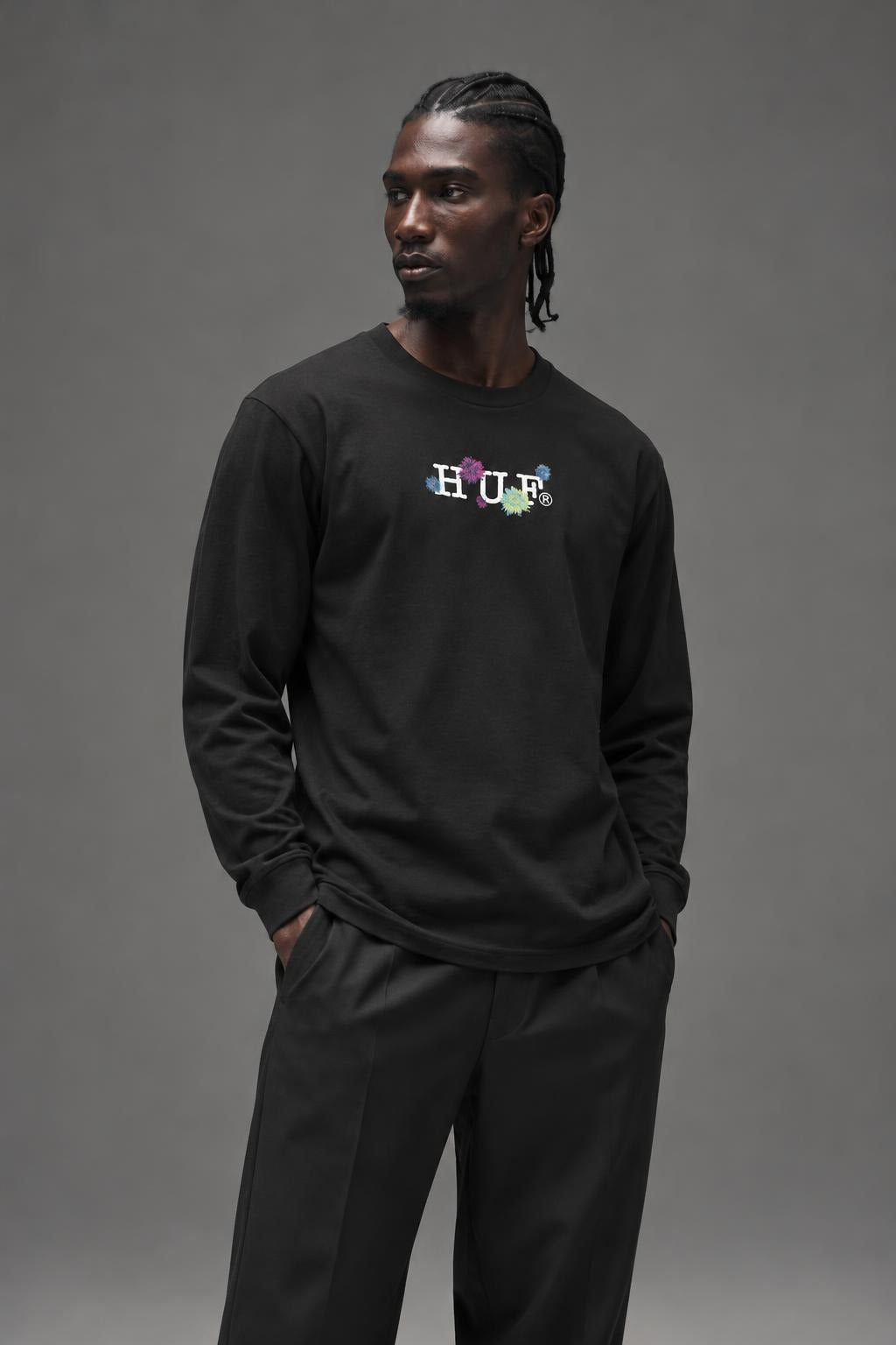 AI model photo - HUF Psycho Daisies Long Sleeve T-Shirt Black TS01158