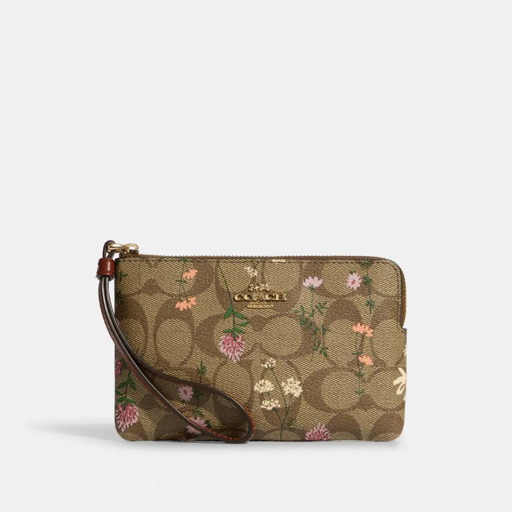 Coach Women's Corner Zip Wristlet In Signature Canvas With Wildflower Print Gold/Khaki Multi C8732 - APLAZE