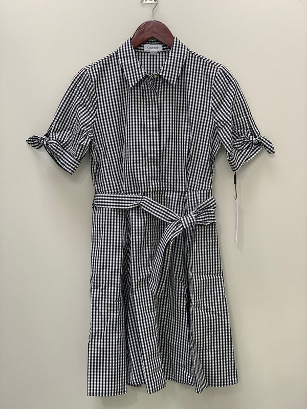 Calvin Klein Women's Check Pattern Tie Ribbon Shirt Dress Black/White CT0G21NV BLW C1