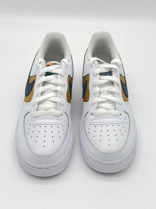 Nike Kids' Air Force 1 Low LV8 GS White/Blue Void Metallic Gold DM3089 100 - APLAZE