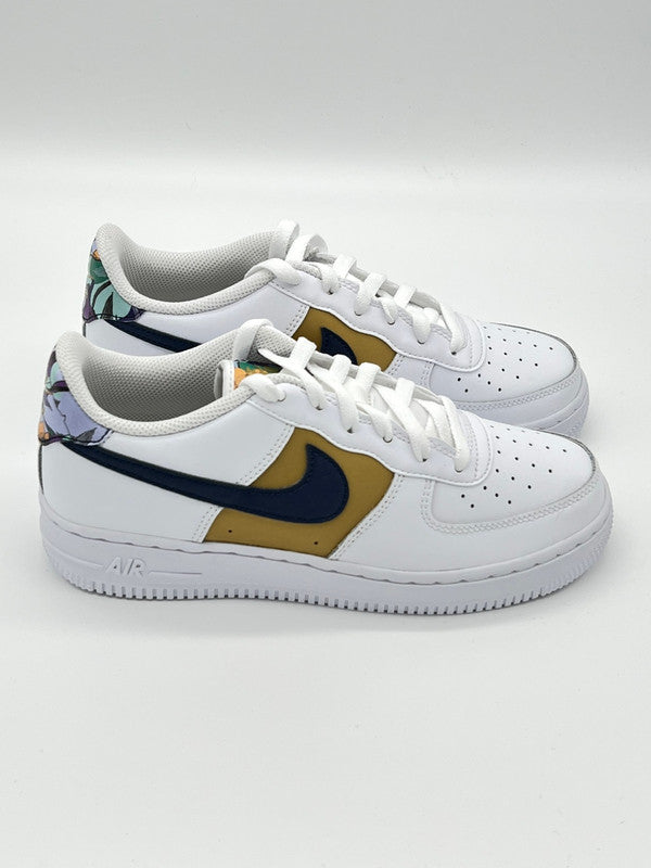 Nike Kids' Air Force 1 Low LV8 GS White/Blue Void Metallic Gold DM3089 100 - APLAZE