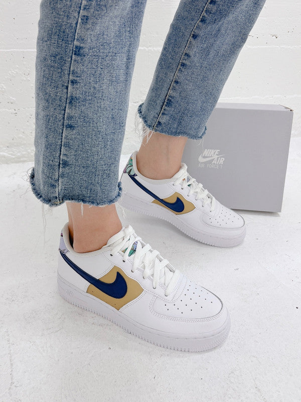 Nike Kids' Air Force 1 Low LV8 GS White/Blue Void Metallic Gold DM3089 100 - APLAZE