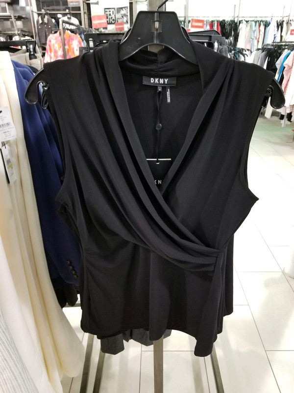 DKNY Women's Sleeveless Printed Ruched Top Black DU8EL292 BLK K1