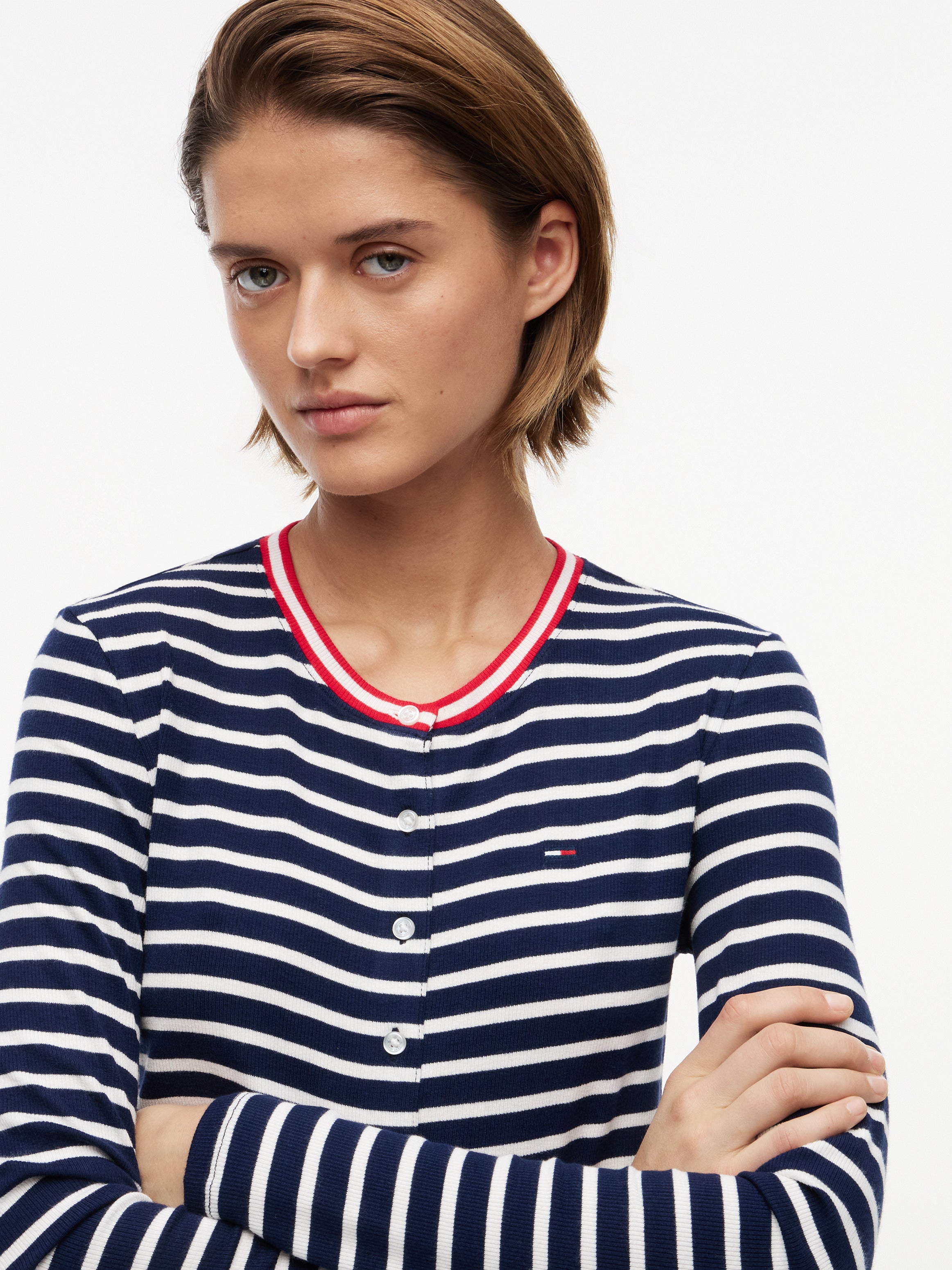 Tommy Jeans Women's Slim Jersey Long Sleeve Cardigan Navy / Stripe DW22805 0A7 971