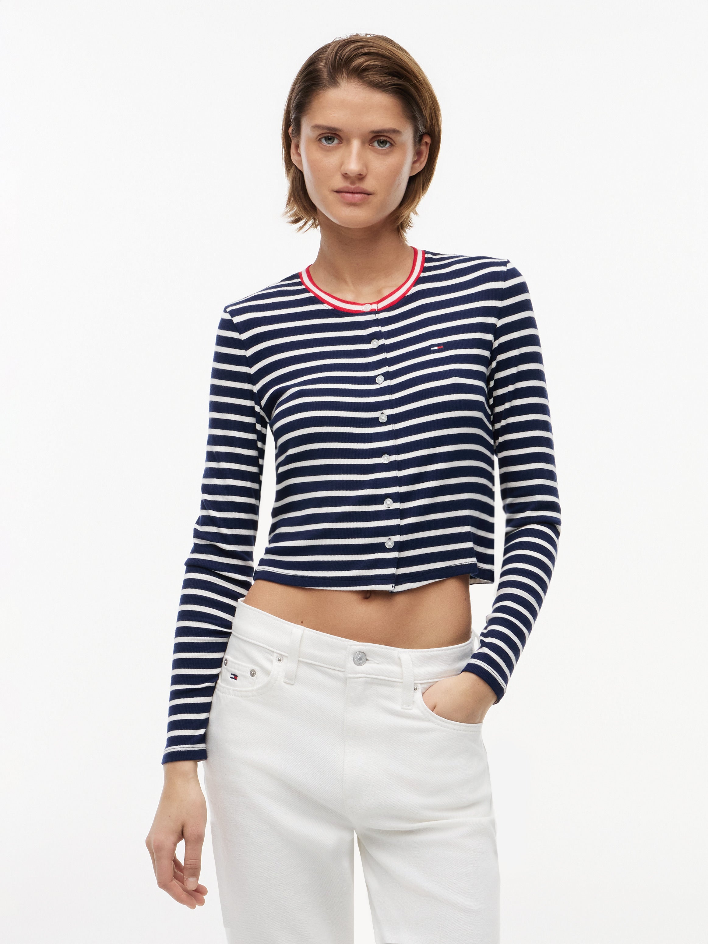 Tommy Jeans Women's Slim Jersey Long Sleeve Cardigan Navy / Stripe DW22805 0A7 971
