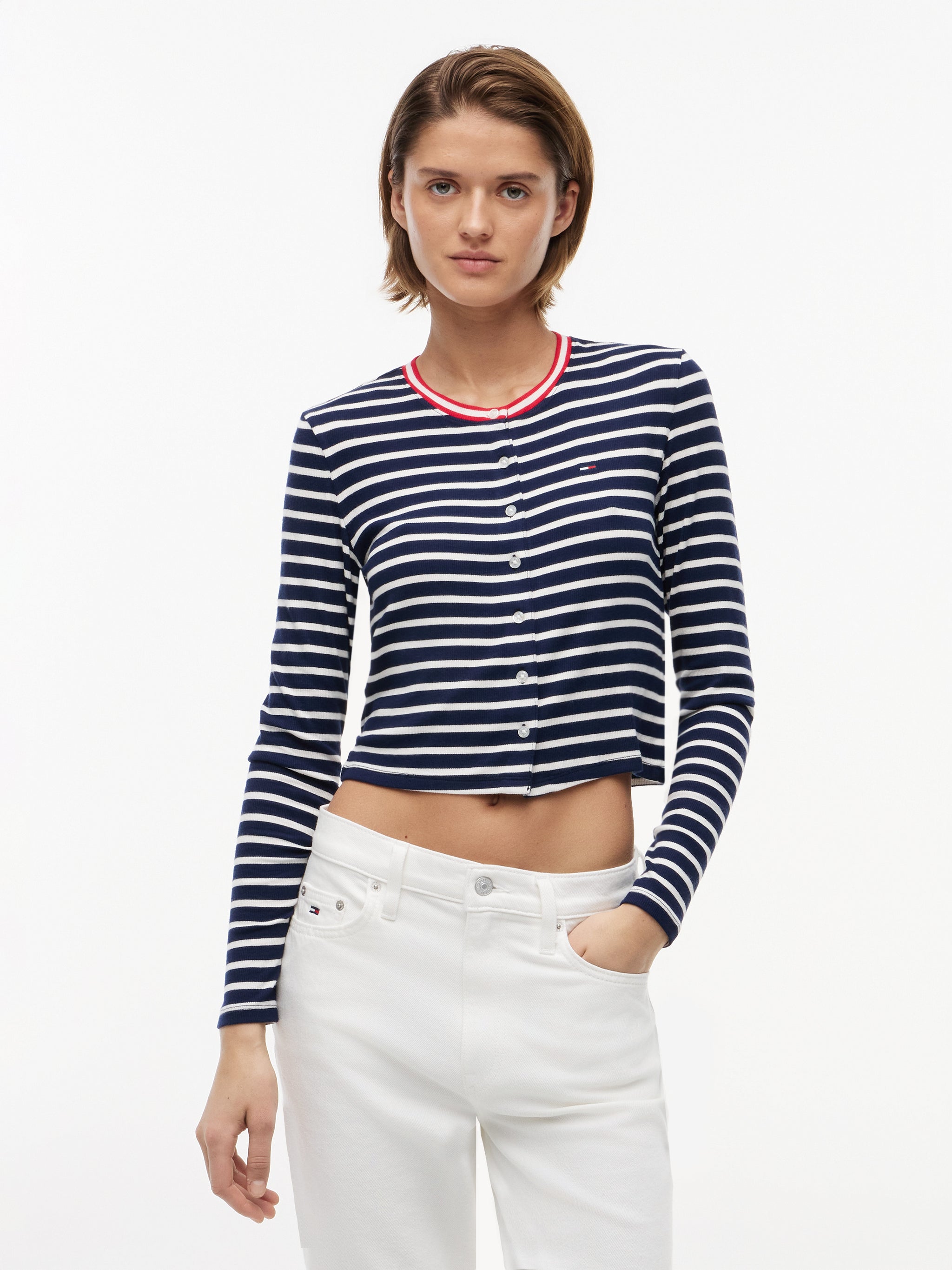 Tommy Jeans Women's Slim Jersey Long Sleeve Cardigan Navy / Stripe DW22805 0A7 971