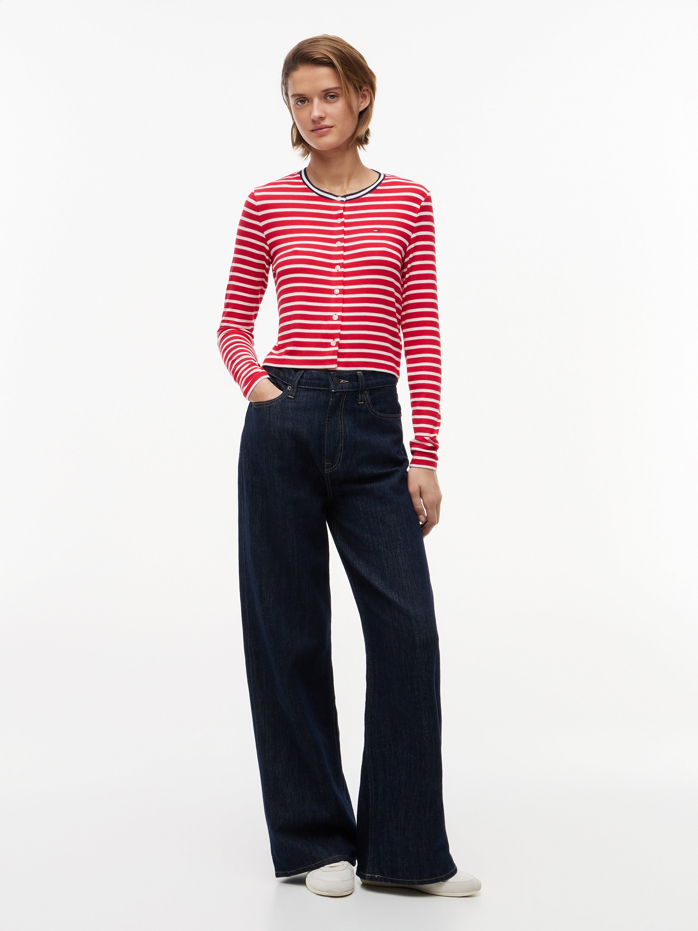 Tommy Jeans Women's Slim Jersey Long Sleeve Cardigan Red / Stripe DW22805 0EX 970