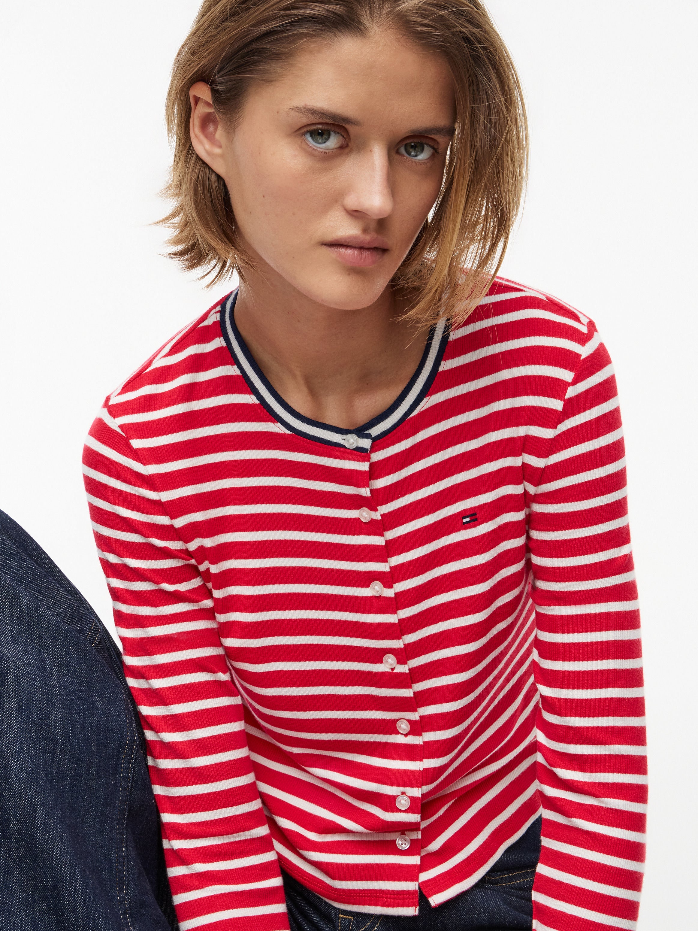 Tommy Jeans Women's Slim Jersey Long Sleeve Cardigan Red / Stripe DW22805 0EX 970