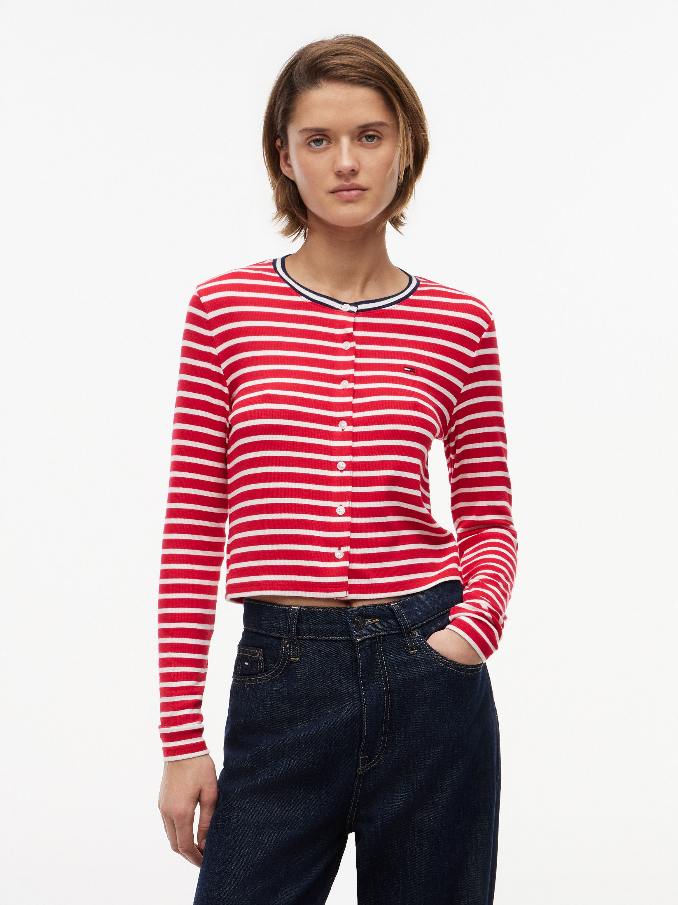 Tommy Jeans Women's Slim Jersey Long Sleeve Cardigan Red / Stripe DW22805 0EX 970