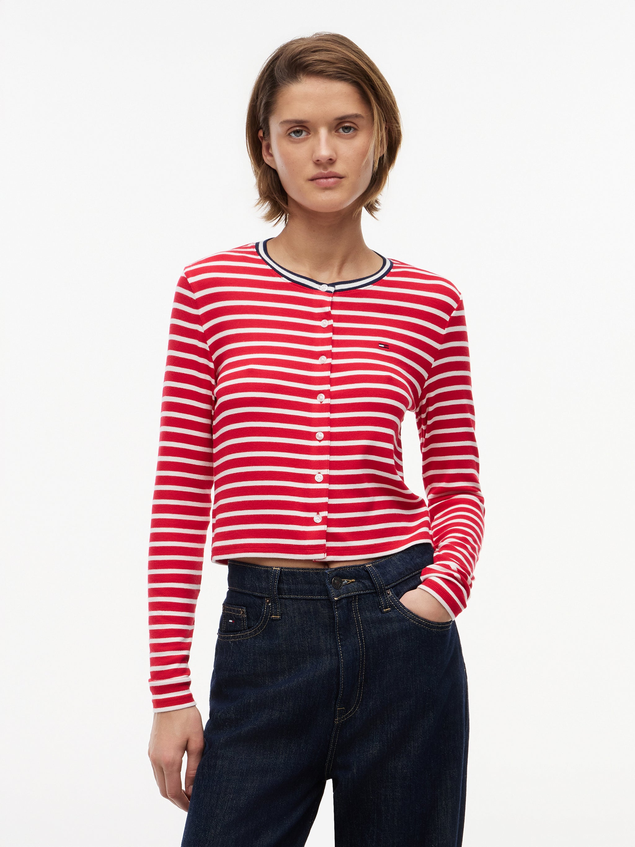 Tommy Jeans Women's Slim Jersey Long Sleeve Cardigan Red / Stripe DW22805 0EX 970