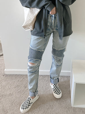 Embellish Testarossa Ripped Biker Denim Bleached Blue F27 - APLAZE