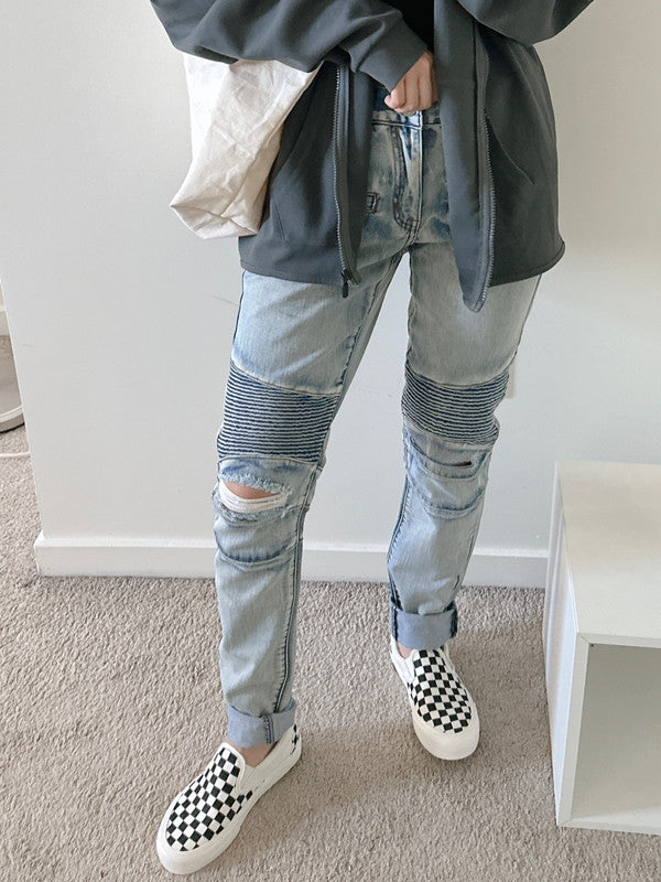 Embellish Testarossa Ripped Biker Denim Bleached Blue F27 - APLAZE