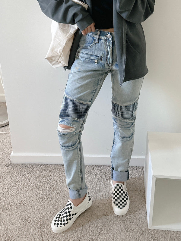 Embellish Testarossa Ripped Biker Denim Bleached Blue F27 - APLAZE