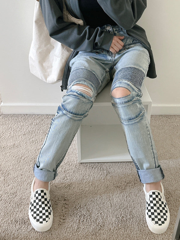 Embellish Testarossa Ripped Biker Denim Bleached Blue F27 - APLAZE