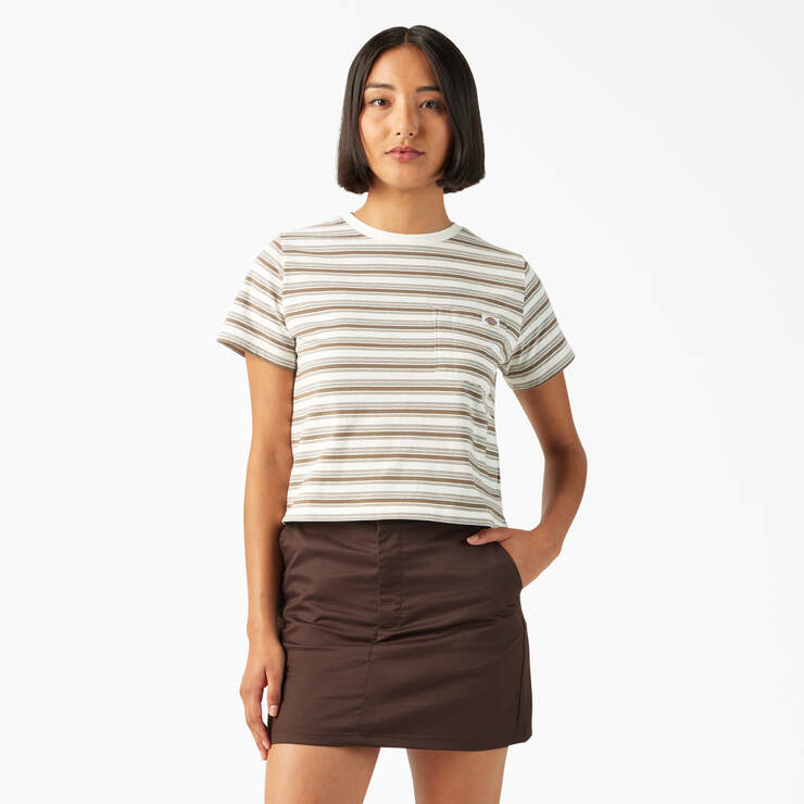 Dickies Women's Large Striped Cropped Pocket T-Shirt Ecru FSR89ECR