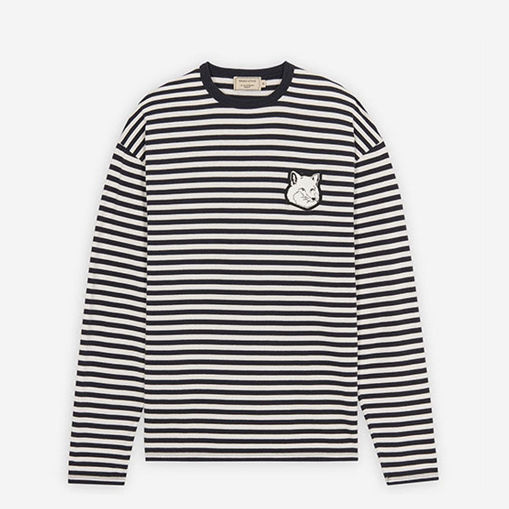 Maison Kitsune Men's Marin Regular Long Sleeve Large Fox Head Stripe T-Shirt Dark Navy Stripe GM00110KJ0072 DNST