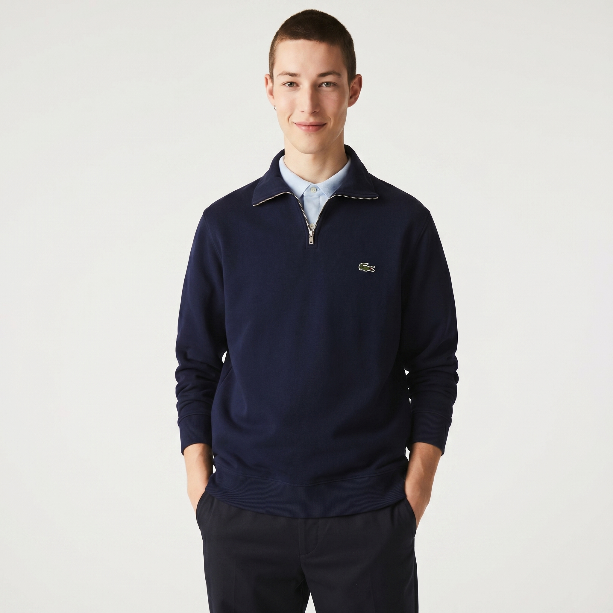 Lacoste Mens Zippered Stand-Up Collar Cotton Sweatshirt Navy Blue SH1927 166
