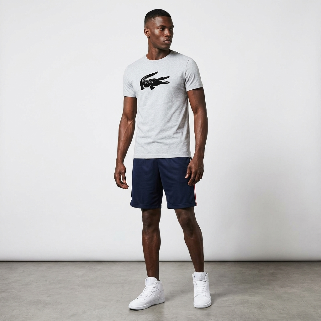 Lacoste Mens SPORT Crew Neck Ultra Dry T-shirt Silver Chine/Navy Blue TH3377 MNC