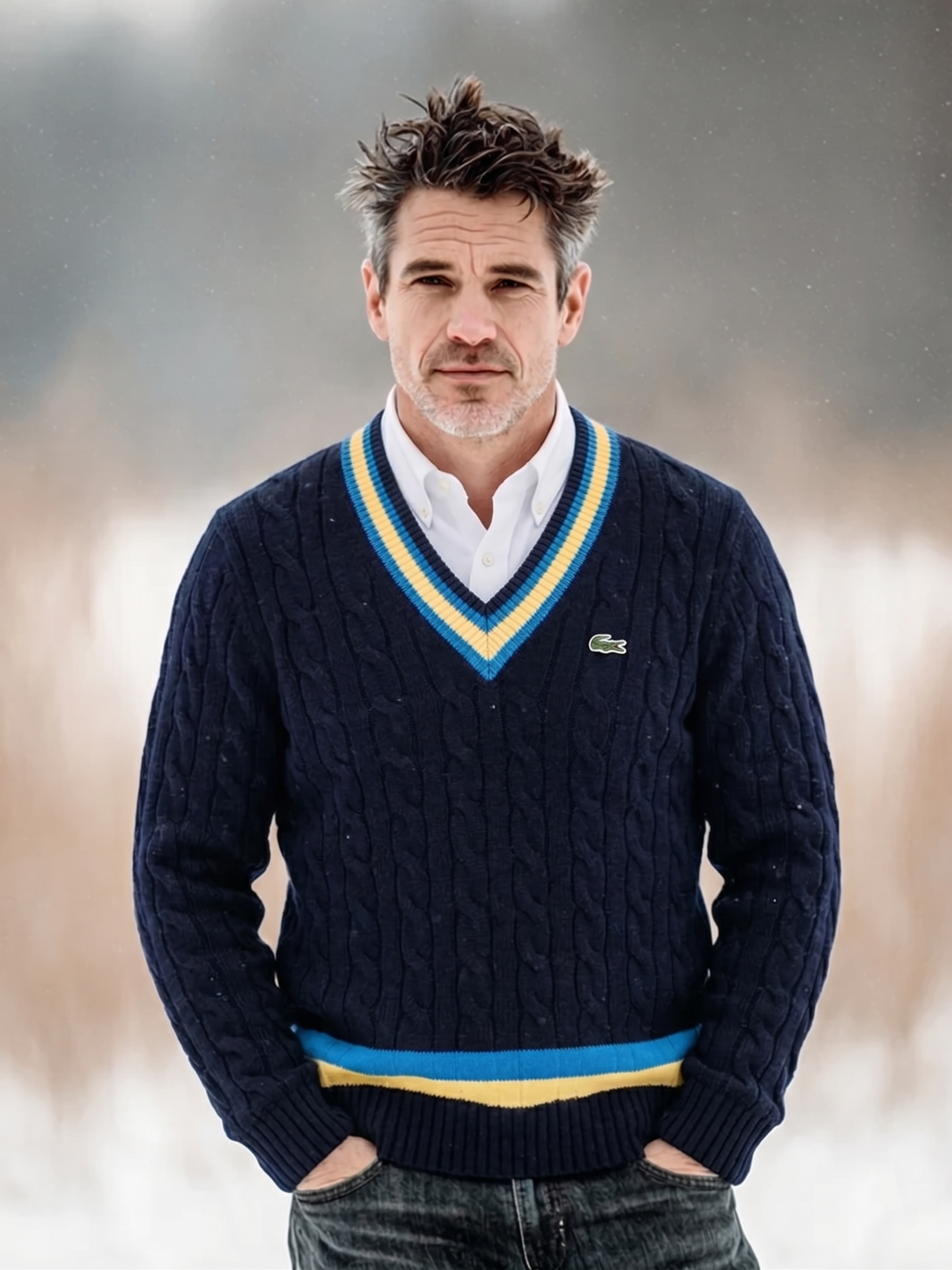 Lacoste Men's Classic Fit Contrast Striped Wool Sweater Navy/Yellow/Blue AH0493 7KZ