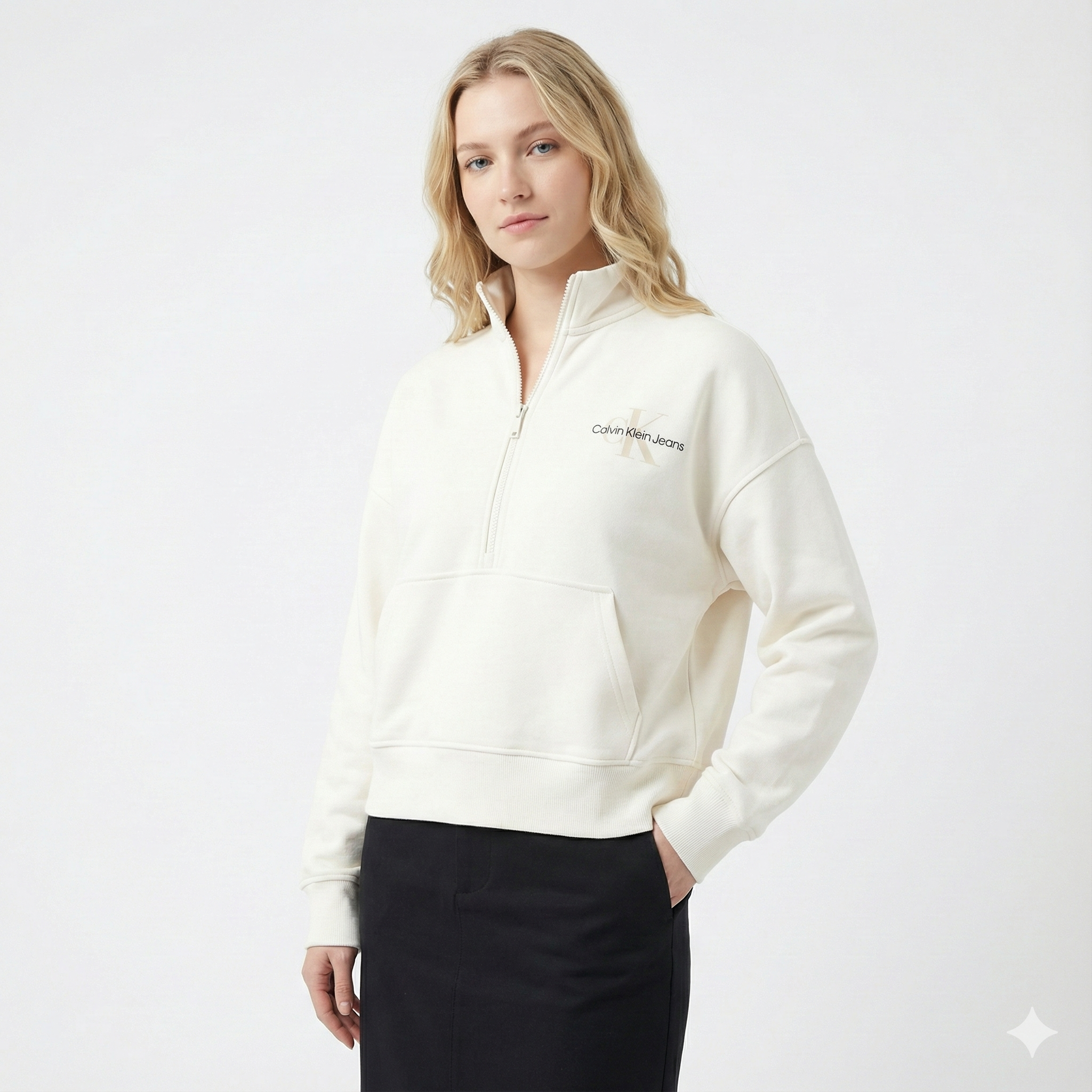 Calvin Klein Women’s Logo Quarter Zip Terry Sweatshirt Antique White 472025S 100