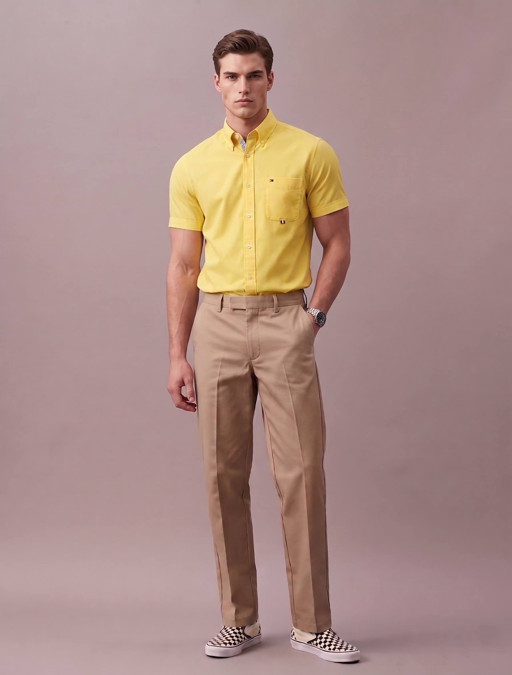 Tommy Hilfiger Men's Wainwright Solid Short Sleeve Custom Fit Shirt Bright Sunshine 78J1737 731
