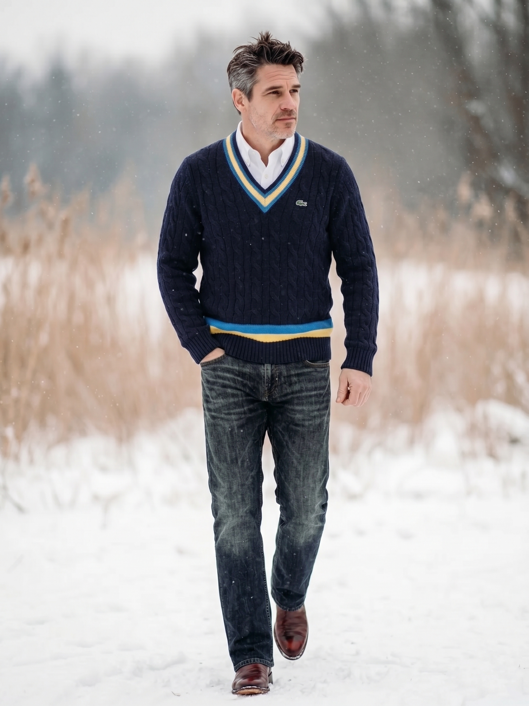 Lacoste Men's Classic Fit Contrast Striped Wool Sweater Navy/Yellow/Blue AH0493 7KZ