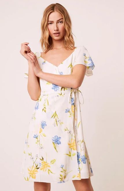 French Connection Eme Crepe Faux Wrap Dress Summer White Multi 71NGR