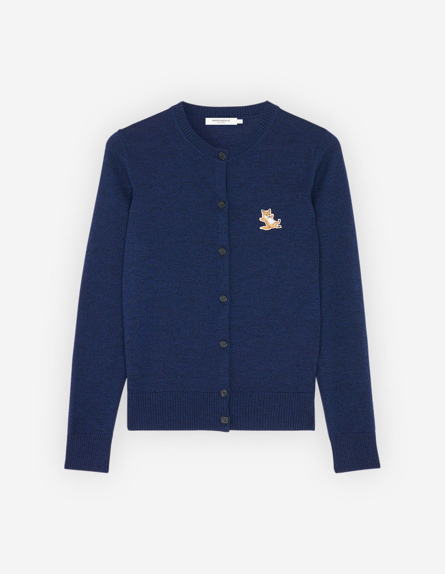 Maison Kitsune Women's Chillax Fox Patch Adjusted R-Neck Cardigan Navy Melange IW00528KT1036 H481