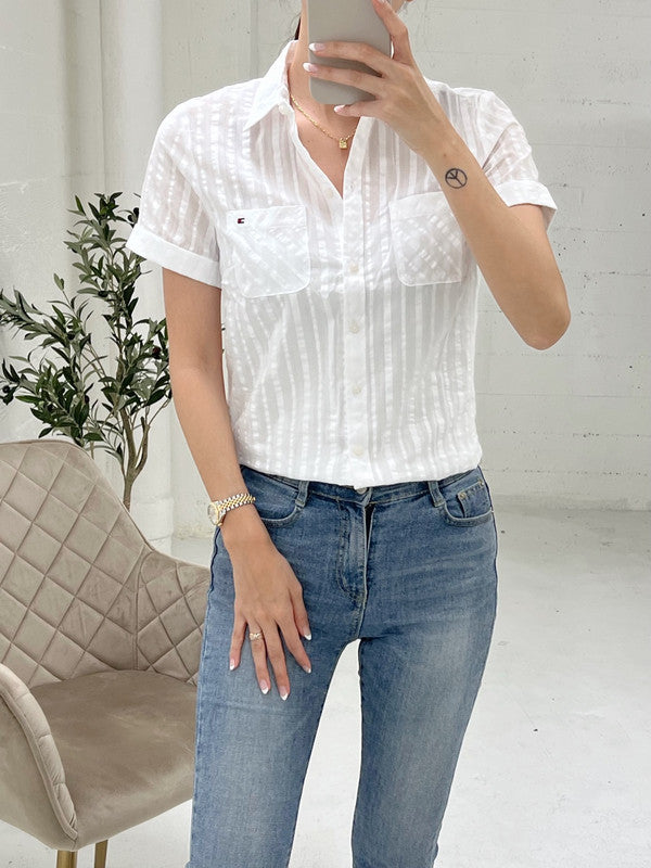 Tommy Hilfiger Women's Classic Camp Crop Short Sleeve Shirt White J1KMN488 8IW T7