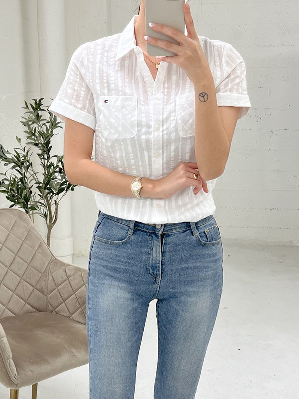 Tommy Hilfiger Women's Classic Camp Crop Short Sleeve Shirt White J1KMN488 8IW T7