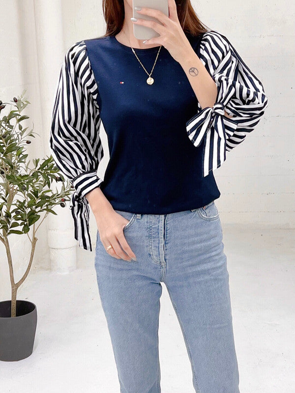 Tommy Hilfiger Women's Striped Ribbon Tie Sleeve Cotton Top Sky Captain J2AH0541 SYZ T1