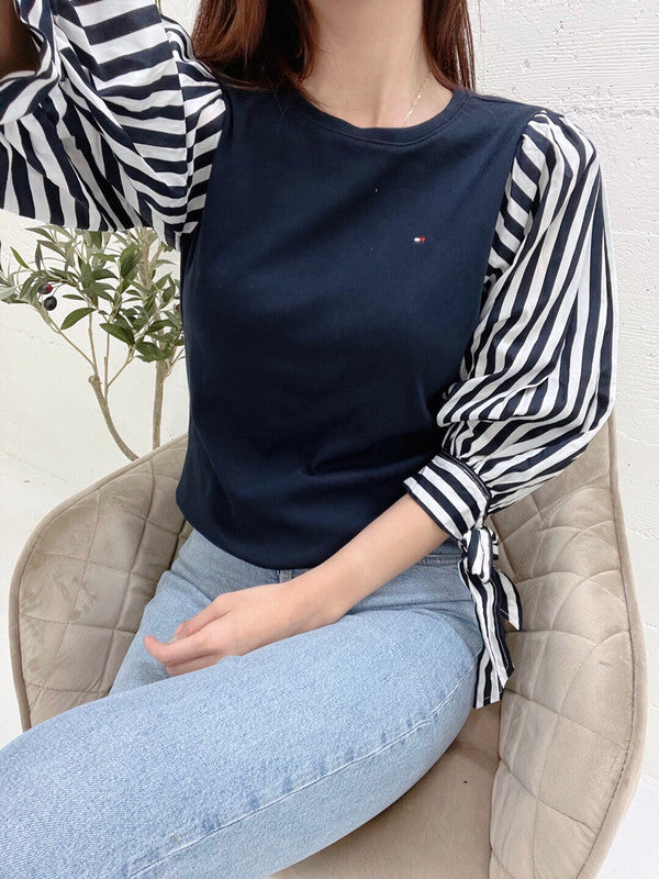 Tommy Hilfiger Women's Striped Ribbon Tie Sleeve Cotton Top Sky Captain J2AH0541 SYZ T1