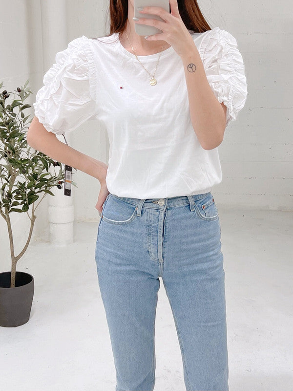 Tommy Hilfiger Women's Puffed Ruffle Sleeve Top White J2BH0534 8IW T7