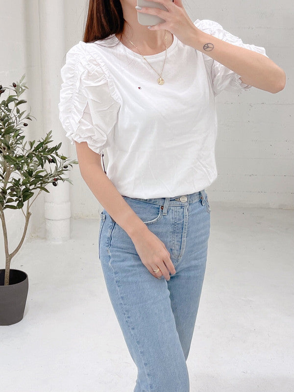 Tommy Hilfiger Women's Puffed Ruffle Sleeve Top White J2BH0534 8IW T7