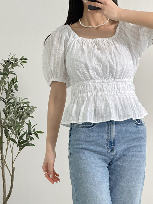 Tommy Hilfiger Women's Cotton Puff Sleeve Smocked Waist Top Blouse Clifton Crinkle Stripe/Bright White J2EMN097 8IW T7