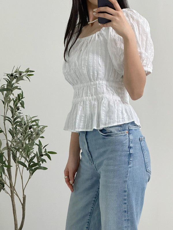 Tommy Hilfiger Women's Cotton Puff Sleeve Smocked Waist Top Blouse Clifton Crinkle Stripe/Bright White J2EMN097 8IW T7