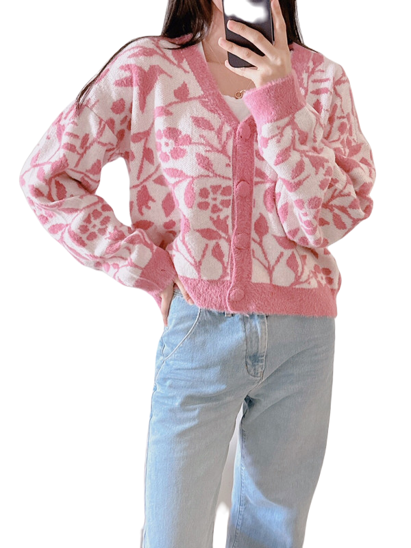 Love By Design Women's Frankie LS Button Down Pattern Cardigan Berry Flowers JFS7456416 MX1
