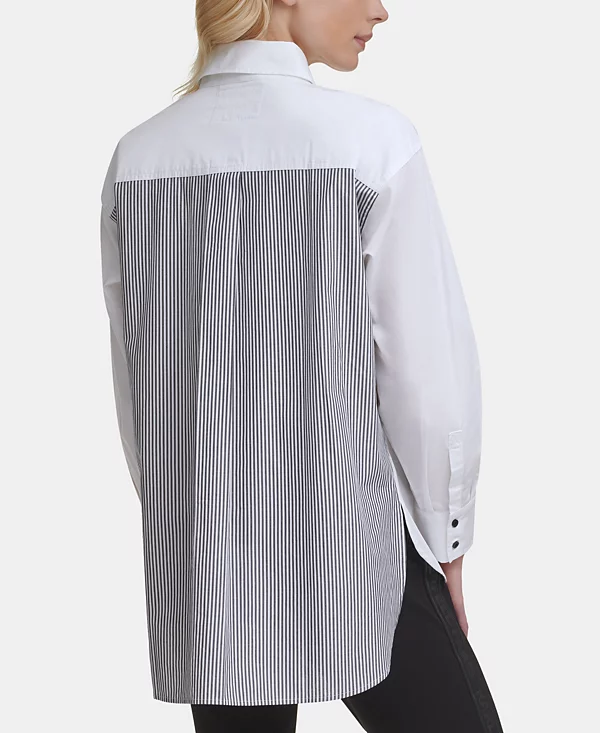 karl lagerfeld Paris Women's Striped Logo Taped Shirt White L1TA0636 SW9 ET1