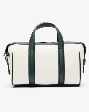 White duffel bag with black handles and trim on a white background