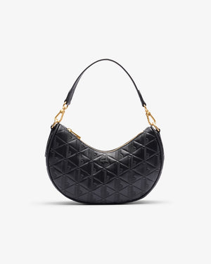 Black quilted handbag with gold chain on a white background
