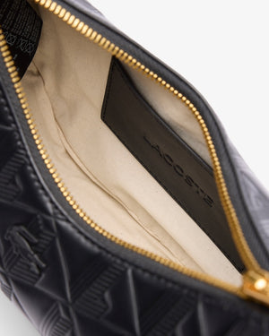 Black textured bag with gold zipper and 'LANCÔ' branding inside.