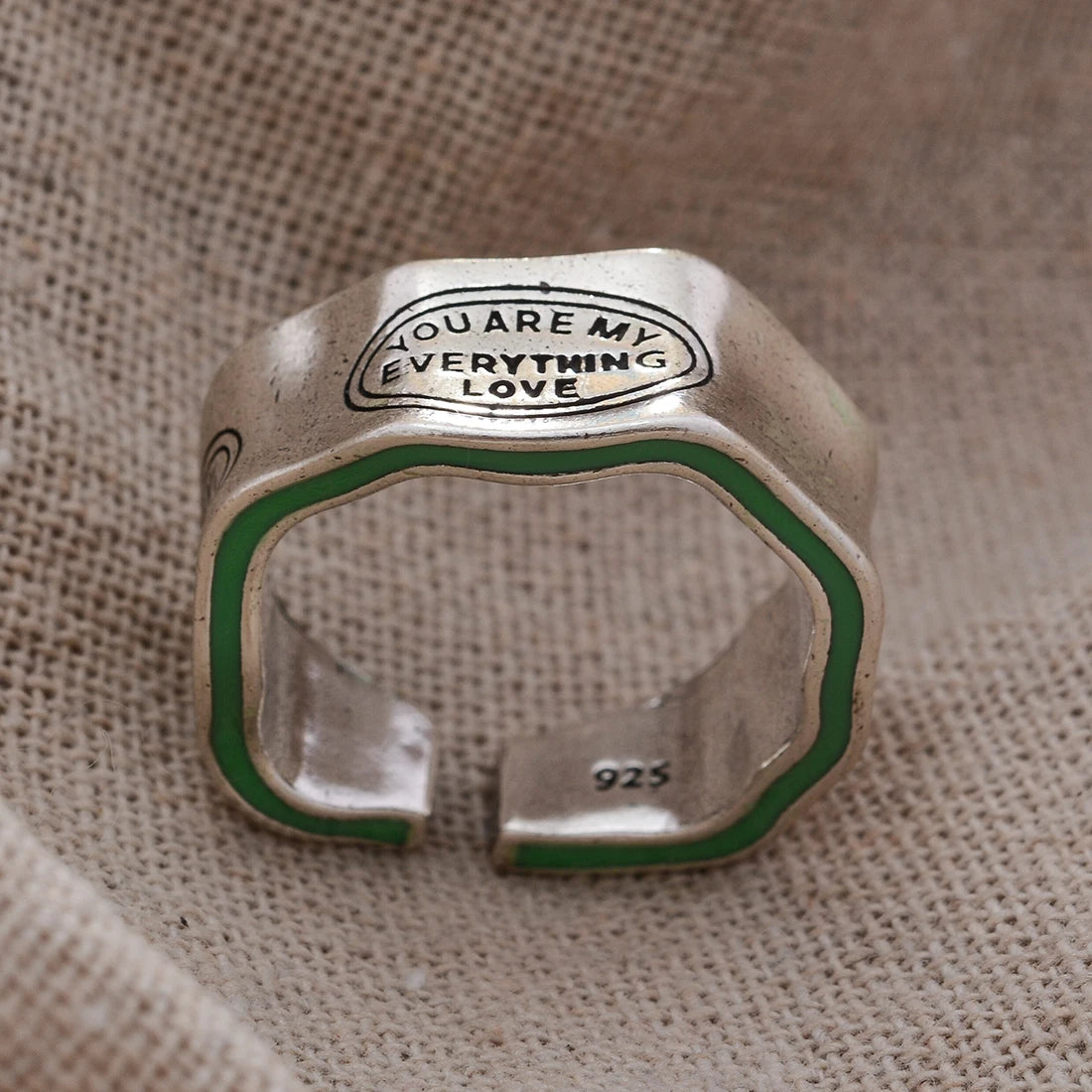 APLAZE You are everithing Letter Carving Green Stripe Ring