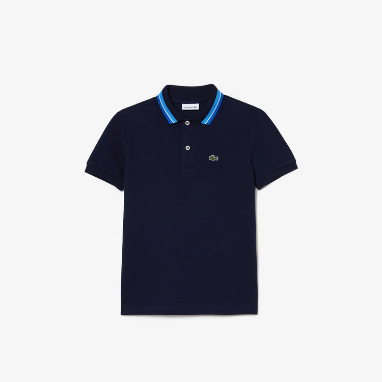 Lacoste Kids Tricolor Collar Cotton Petit Piqu Polo Navy Blue/Multico PJ9702 QRN - APLAZE