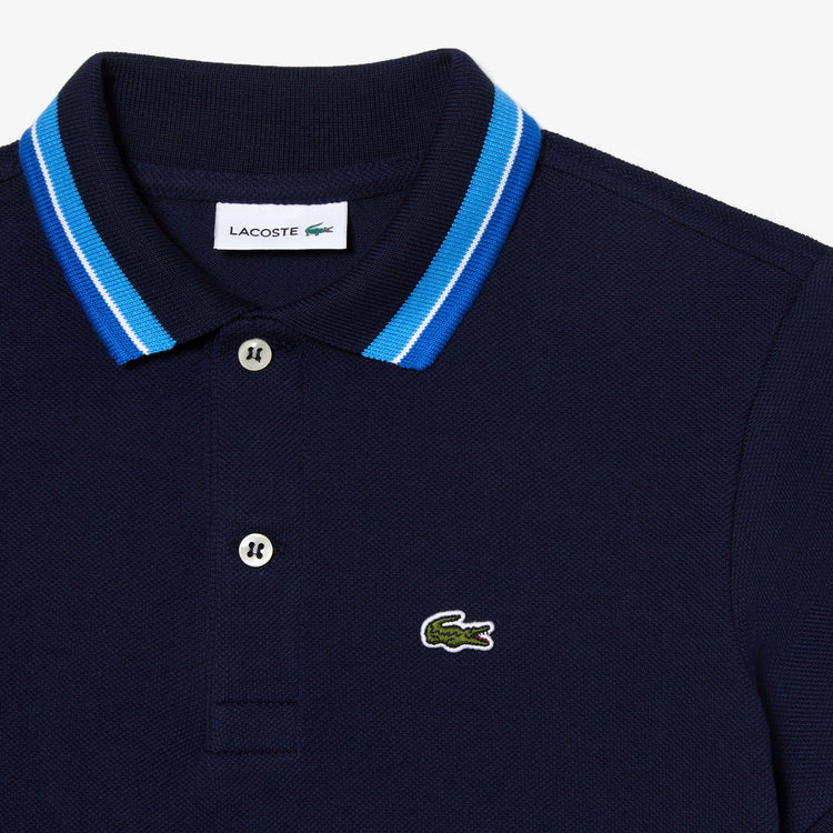 Lacoste Kids Tricolor Collar Cotton Petit Piqu Polo Navy Blue/Multico PJ9702 QRN - APLAZE