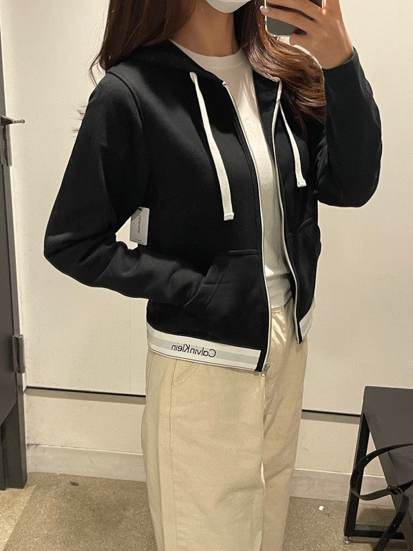 Calvin Klein Women's Logo Slip Hooded Zip-Up Jacket Black Q55667 001 C2