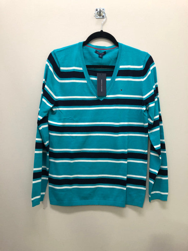 Tommy Hilfiger Women's V-Neck Stripe Small Logo Knit Sweater Multi Stripe RM37686340 361 T3
