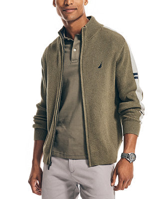 Nautica Men's Classic-Fit Mock-Neck Sleeve Stripe Full-Zip Sweater Hillside Olive S27307 ET3