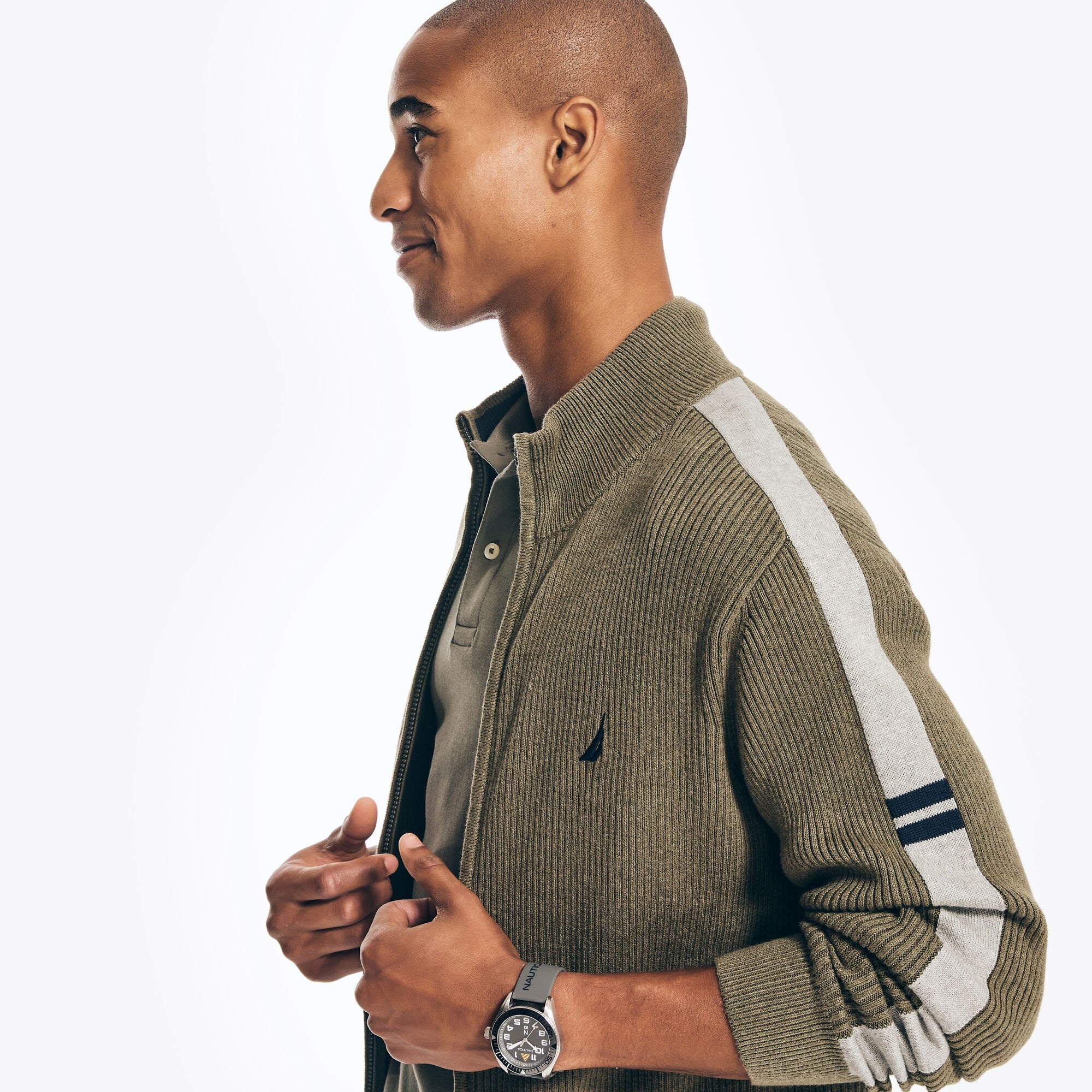 Nautica Men's Classic-Fit Mock-Neck Sleeve Stripe Full-Zip Sweater Hillside Olive S27307 ET3