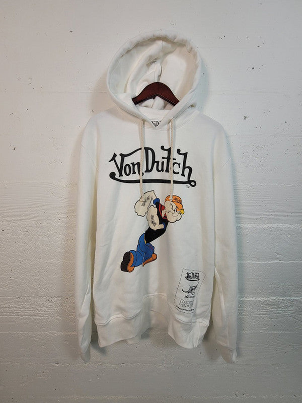 Von Dutch Mens Popeye Logo Cotton Fleece Hoodie Off White FM152V
